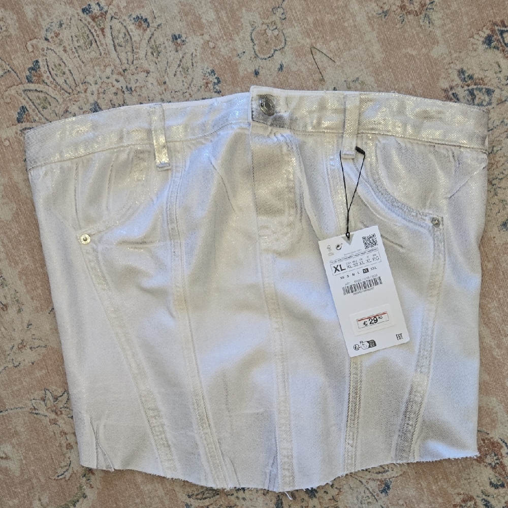 Zara Metallic Silver White Cotton Skirt Faux Fly/Pocket StretchBack Inset XL NEW